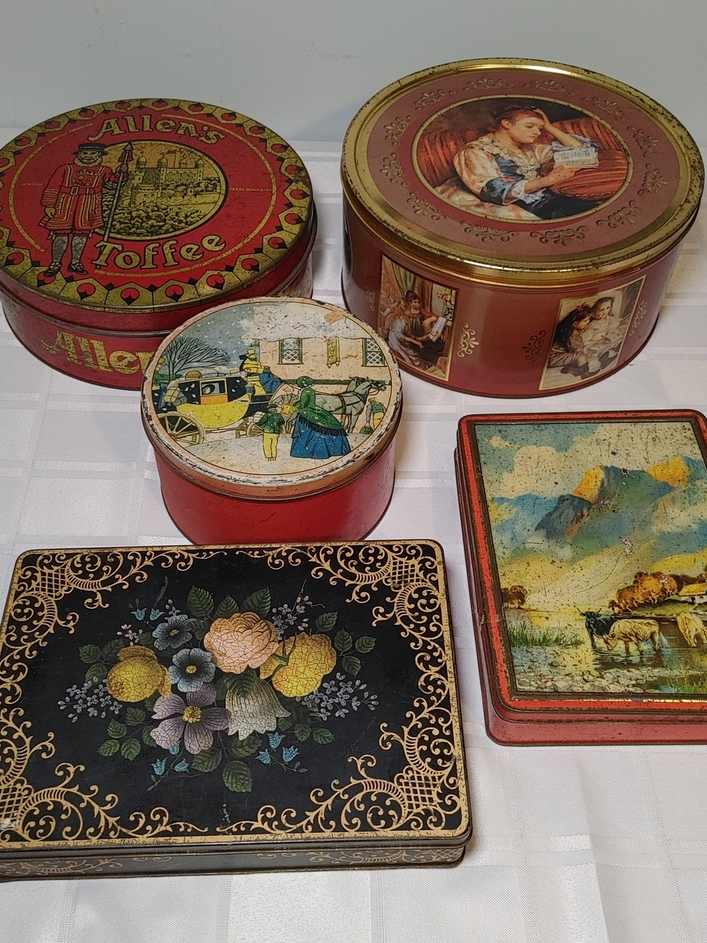 Vintage Decorative Tin Box Lot - Red and Multicolor, 5 Assorted Tins